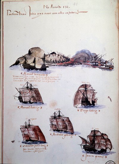 Manuskriptseite „Erinnerungen an die Armadas von Portugal unter König Manuel I.“ (darstellend die portugiesischen Flotten des Jahres 1497) von Portuguese School