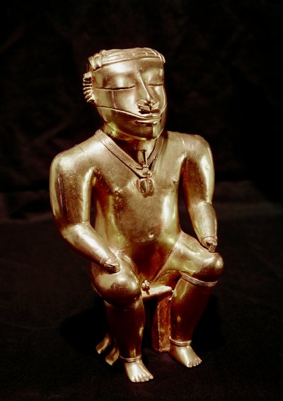 Präkolumbianische Kunst, Quimbaya-Zivilisation (Kolumbien): Statuette eines sitzenden Mannes aus Gold, 400-1400 n. Chr. - Bogotá, Museo de Oro, Kolumbien von Pre Columbian Pre Columbian