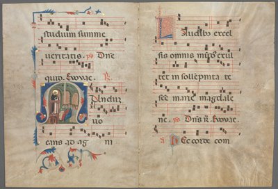 Bifolium aus einem Antiphonar: Initiale M mit dem predigenden Heiligen Dominikus, ca. 1320-1340 von Primo Miniatore di San Domenico