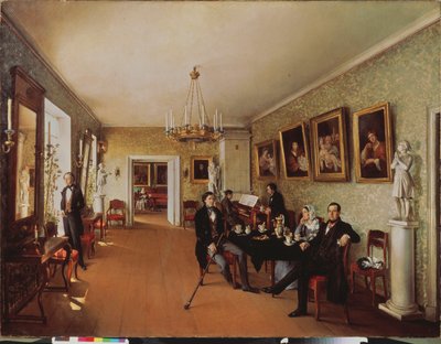 Eine Familienszene (Tägliche Aktivitäten zur Teestunde, einige spielen Klavier, andere hören zu, eine Frau im Hintergrund näht). Gemälde von Prokofi Jegorowitsch Puschkarjow (?-nach 1856) von Prokophy Egorovich Pushkaryev
