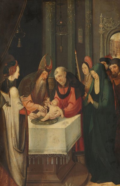 Beschneidung Christi, linker Flügel eines Altars, auf der Rückseite die Jungfrau aus einer Verkündigungsszene von Pseudo Jan Wellens de Cock (attributed to)