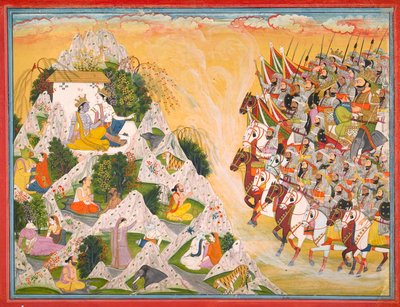 Jarasandhas Armee rückt gegen Krishna und Balarama vor, Folio aus einem Mahabharata von Purkhu
