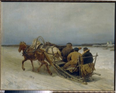 Troika im Winter (traditionelles russisches Gespann, gezogen von drei Pferden) - Pyotr Petrowitsch Sokolow, Öl auf Leinwand von Pyotr Petrovich Sokolov