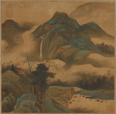 Blick auf einen Wasserfall von einer Berghütte von Qing Dynasty Chinese School