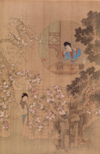 Frau im Garten - Frau im runden Fenster von Qiu Ying