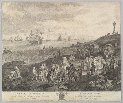 Fischverkauf in Scheveningen Vente de Poisson a Schevelinghe [sic] nach dem Gemälde in der... von Quentin Pierre Chedel