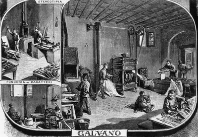 Büros der Gebrüder Treves, Schriftgießerei und Stereotypendruckabteilung, Mailand, Italien, Illustration von Quinto Cenni aus L