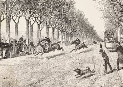 Drei Widerstandsoffiziere nehmen an einem Pferderennen teil, Drittes Savoyer Regiment, zwischen Mailand und Monza, Italien, Gravur nach einer Zeichnung von Quinto Cena, aus L
