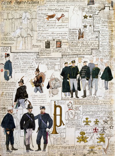 Uniformen des Königreichs Italien zwischen 1896 - 1897, Tafel aus dem Cenni-Codex, Sammlung militärischer Skizzen in Aquarell von Quinto Cenni