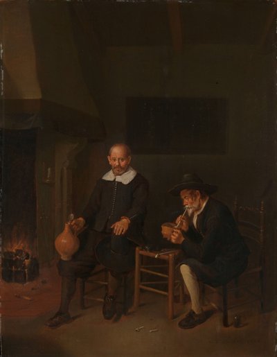 Innenraum mit zwei Männern am Kamin von Quiringh Gerritsz. van Brekelenkam
