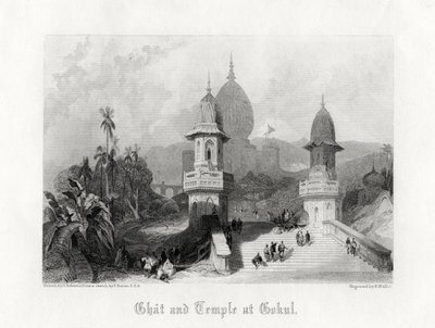 Ghat und Tempel in Gokul, Indien, um 1838 von R. Wallis