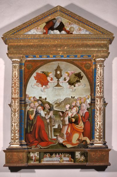 Altarbild der Anbetung des Allerheiligsten Sakraments, in der Predella: Das letzte Abendmahl, Heiliger Sebastian und Heiliger Rochus von Raffaele De (fl.1514 1573) Pancalino