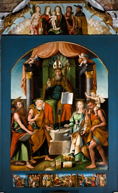 Heiliger Blasius auf dem Thron zwischen den Heiligen Petrus, Paulus, Katharina von Alexandria und Christophorus, zentrales Altarbild von Raffaele De (fl.1514 1573) Pancalino