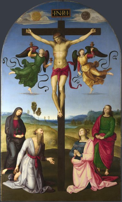 Der gekreuzigte Christus mit der Jungfrau Maria, Heiligen und Engeln Die Mond-Kreuzigung, 1502-1503 von Raffaello Sanzio Raphael