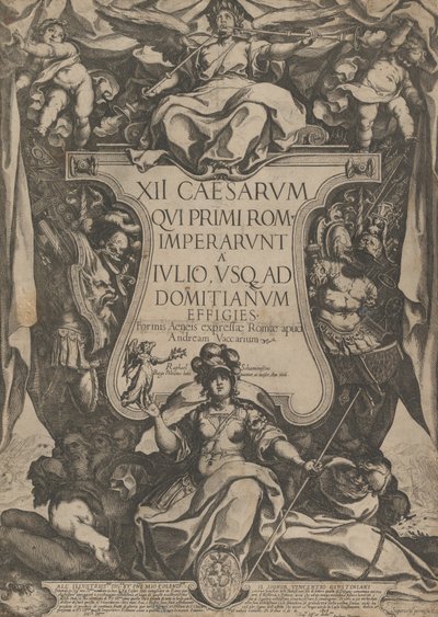Frontispiz mit einem Trompeter, der Trompeten auf einem Kartusche sitzend bläst von Raffaello Schiaminossi