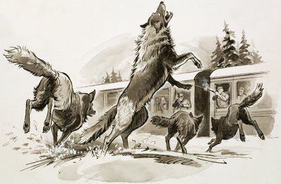 Passagiere in einem eingeschneiten Zug wehren hungrige Wölfe ab von Ralph Bruce