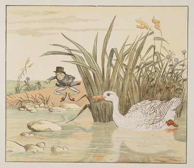 Eine schneeweiße Ente kam und verschlang ihn, aus dem Hey Diddle Diddle Bilderbuch, veröffentlicht 1882 (Farbstich) von Randolph Caldecott