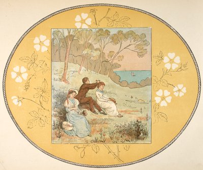 Zwei Frauen und ein Mann sitzen in einer Lichtung nahe der Küste. Floraler Rand. von Randolph Caldecott