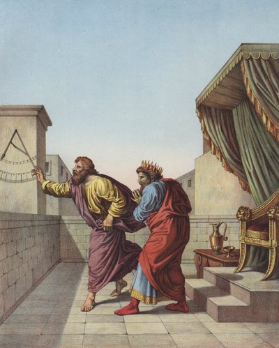 Jesaja informiert König Hiskia von Juda, dass er noch fünfzehn Jahre leben wird (Farblithografie) von after Raphael