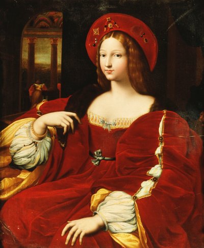 Porträt von Giovanna von Aragon, sitzend, dreiviertellang, in ihrem Zimmer von Raphael