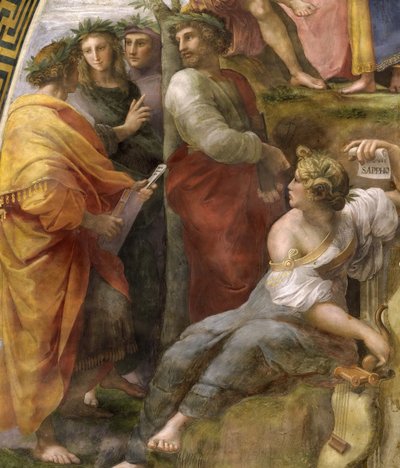 Der Parnass. Detail. Fresko in der Stanza della Segnatura, ca. 1510-1511 von Raphael