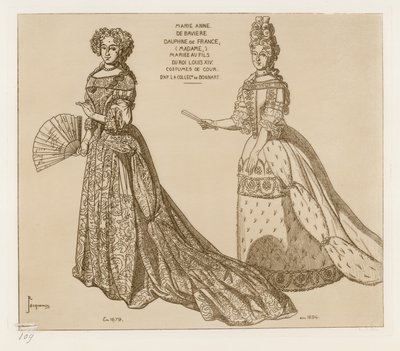 Hofkostüme. Marie Anne de Baviere, Dauphine von Frankreich, verheiratet mit dem Sohn von König Ludwig XIV. Nach einem Kunstwerk in der Sammlung von Bonnart. von Raphael Jacquemin