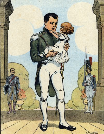 Porträt von Kaiser Napoleon I. (1769-1821) mit seinem Sohn dem Aiglon (1811-1832) (König von Rom Napoleon II., Herzog von Reichstadt) Illustration von Raymond de Neziere in "Unsere Nationalen Ruhmestaten" 1920 von Raymond de la Neziere