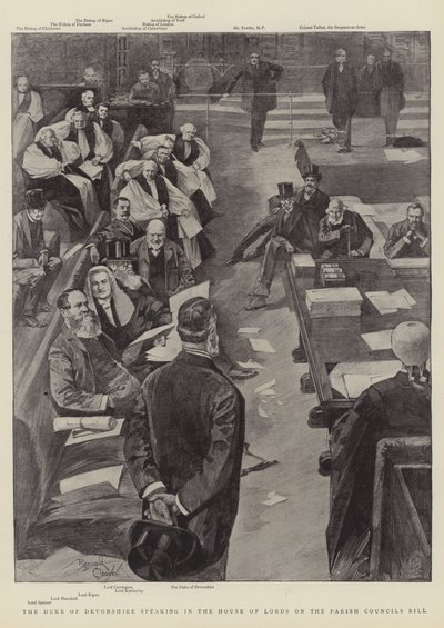 Der Herzog von Devonshire spricht im House of Lords über das Gemeinderatsgesetz von Reginald Thomas Cleaver