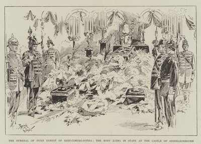 Das Begräbnis von Herzog Ernst von Sachsen-Coburg-Gotha, der Leichnam liegt im Schloss Reinhardsbrunn aufgebahrt von Reginald Thomas Cleaver