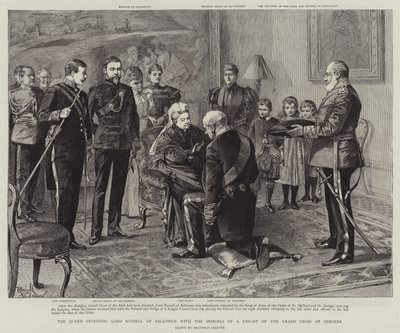 Die Königin verleiht Lord Russell von Killowen die Insignien eines Ritters des Großkreuzes in Osborne von Reginald Thomas Cleaver