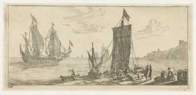 Bucht mit einem Hoeker und einem Kriegsschiff von Reinier Nooms