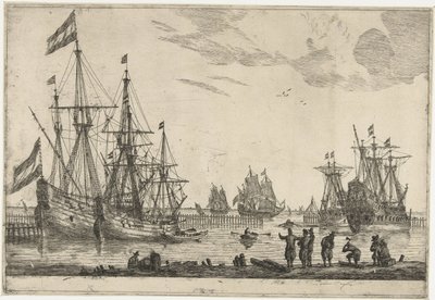 Vier Segelschiffe hinter einem Wellenbrecher (Dreizehn Szenen mit Schiffen) von Reinier Nooms