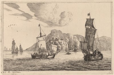 Hafenszene mit bergigem Hintergrund von Reinier Nooms, called Zeeman