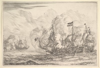 Seeschlacht mit drei Schiffen rechts, aus Seeschlachten Nieuwe Scheeps Bat..., 1652-54 von Reinier Zeeman