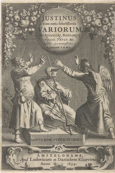Minerva und zwei gefesselte Figuren Titelblatt für: A. Thysius, Justinus cum notis selectissimis variorum Berneggerj, Bongarsy, Vossy, Thysy, &c, 1659 von Reinier van Persijn
