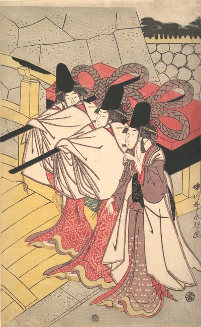 Prinz Genji kehrt zu seinem Palast zurück, wo seine Frau auf ihn wartet von Rekisentei Eiri