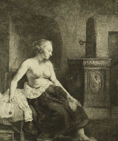 Eine halb angezogene Frau sitzt neben einem Ofen, 1658 von Rembrandt van Rijn