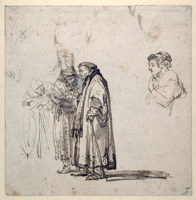 Eine Gruppe älterer Gelehrter und separat das Profil eines jüngeren Mannes von Rembrandt Harmensz. van Rijn