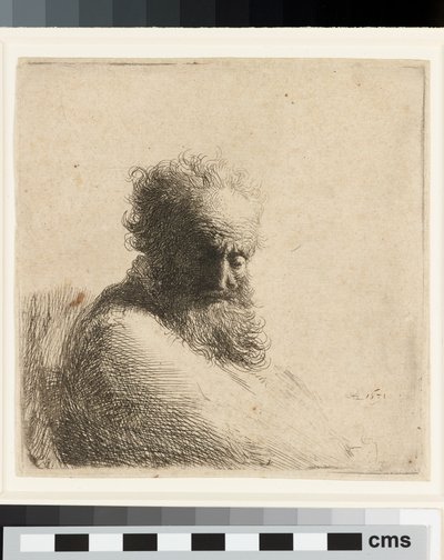 Büste eines alten bärtigen Mannes, der nach unten schaut, drei Viertel rechts von Rembrandt Harmensz. van Rijn