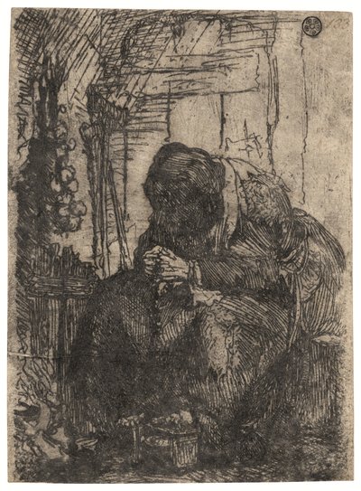 Alte Frau sitzt in einer Hütte mit einer Zwiebelkette an der Wand, um 1629 (Radierung) von Rembrandt Harmensz. van Rijn
