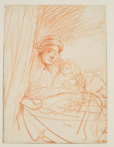 Saskia sitzt im Bett und hält ein Kind, 1635 circa von Rembrandt van Rijn