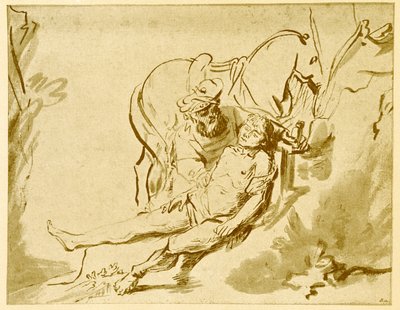 Der barmherzige Samariter untersucht den Verwundeten von Rembrandt van Rijn