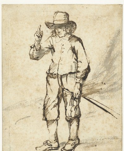 Stehender Junge mit einer Peitsche und erhobener rechter Hand von Rembrandt van Rijn (school of)