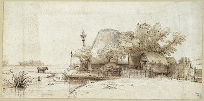 Ein Bauernhof an einem Bach von Rembrandt van Rijn