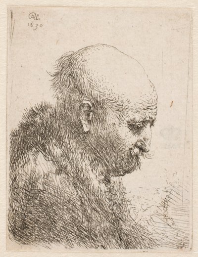 Kahlköpfiger Mann (Rembrandts Vater?) im Profil rechts; kleine Büste von Rembrandt van Rijn