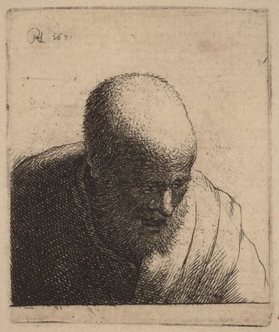 Glatzköpfiger Mann mit offenem Mund, nach unten blickend von Rembrandt van Rijn