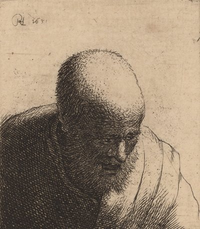 Kahlköpfiger Mann mit offenem Mund, nach unten blickend, um 1630 von Rembrandt van Rijn