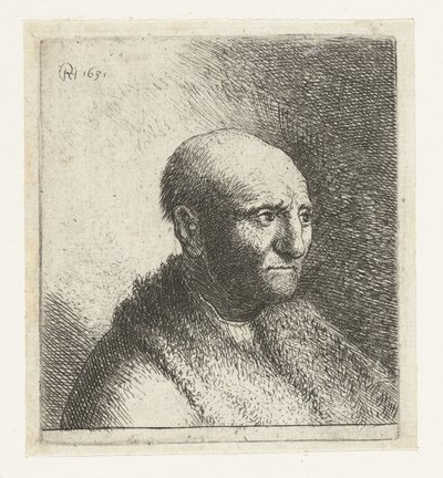 Glatzköpfiger Mann in einem Pelzmantel: Büste von Rembrandt van Rijn