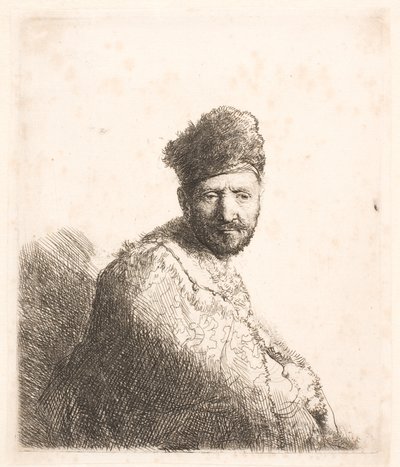 Bärtiger Mann (Rembrandts Vater?) in pelzbesetzter orientalischer Mütze und Robe: halbe Länge von Rembrandt van Rijn