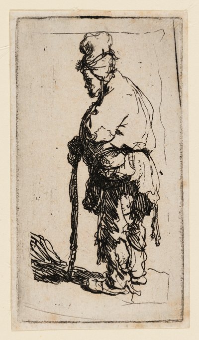 Bettler, der sich auf einen Stock stützt, nach links gewandt von Rembrandt van Rijn